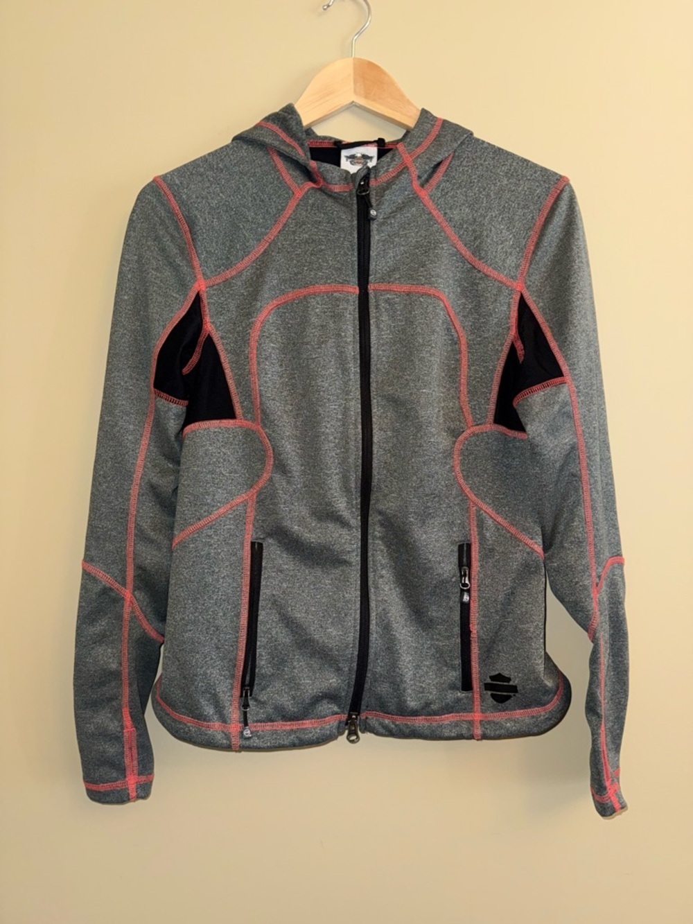 Harley Davidson Full Zip Hoodie M Grey Red Black Thumholes Athletic Comfy Warm